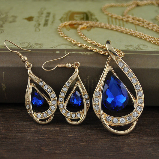 Juego de Collar y Aretes de Cristal con Doble Gota