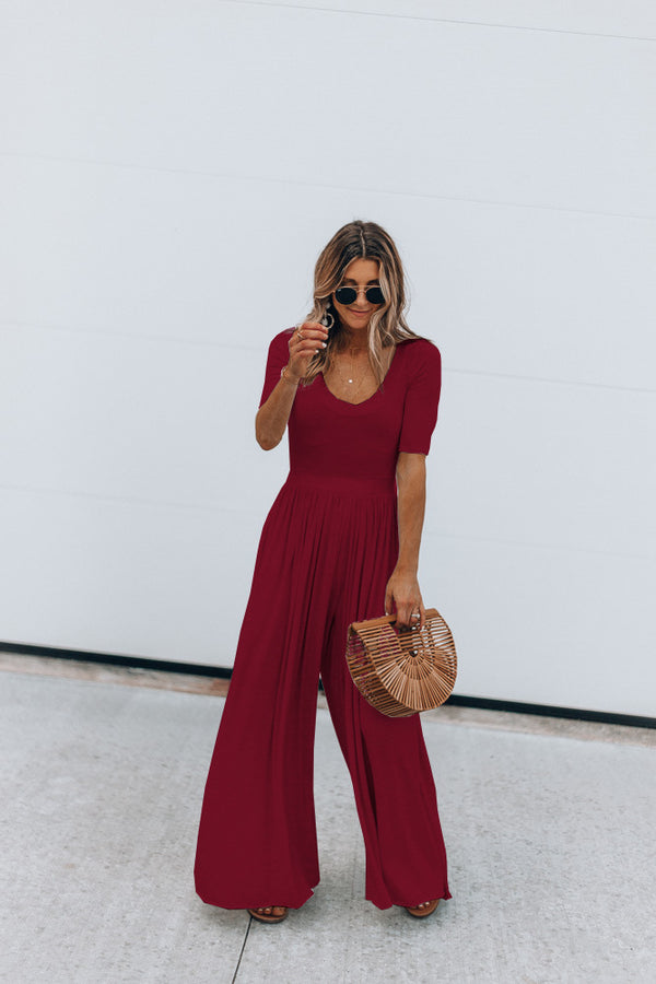 Jumpsuit Suelto de Manga Corta en Colores Lisos para Mujer