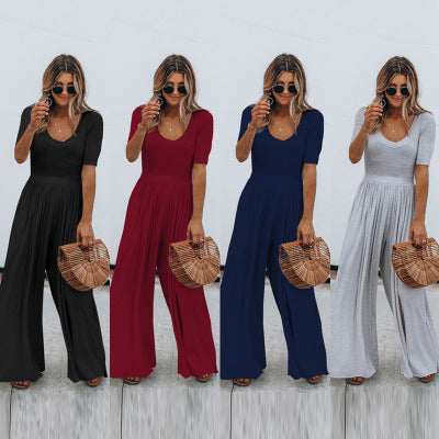 Jumpsuit Suelto de Manga Corta en Colores Lisos para Mujer
