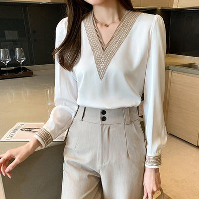 Blusa Blanca de Encaje con Cuello en V y Manga Larga para Mujer - Image 10