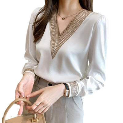 Blusa Blanca de Encaje con Cuello en V y Manga Larga para Mujer - Image 11