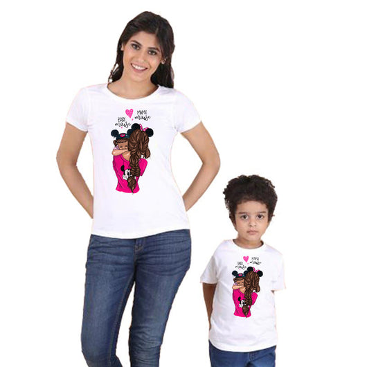 Mother and daughter wearing matching gray short-sleeved t-shirts with a cartoon graphic of a mother holding a child, both wearing Minnie Mouse ears, and text "B - Image 12