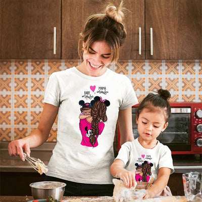 Mother and daughter wearing matching gray short-sleeved t-shirts with a cartoon graphic of a mother holding a child, both wearing Minnie Mouse ears, and text "B - Image 5