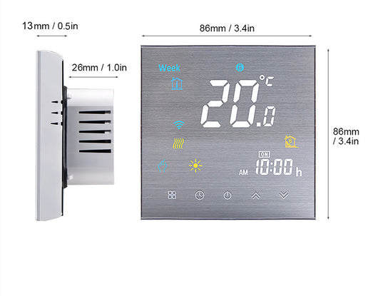 Wall mounted digital furnace temperature controller with a brushed silver finish, displaying 20.0°C and 10:00 AM. - Image 6