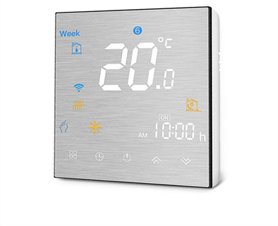 Wall mounted digital furnace temperature controller with a brushed silver finish, displaying 20.0°C and 10:00 AM. - Image 8