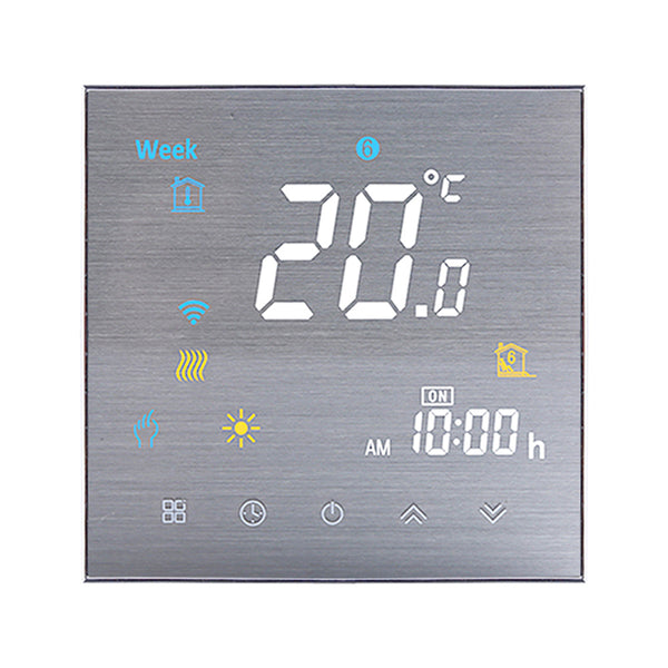 Wall mounted digital furnace temperature controller with a brushed silver finish, displaying 20.0°C and 10:00 AM.