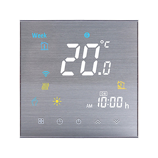 Wall mounted digital furnace temperature controller with a brushed silver finish, displaying 20.0°C and 10:00 AM.