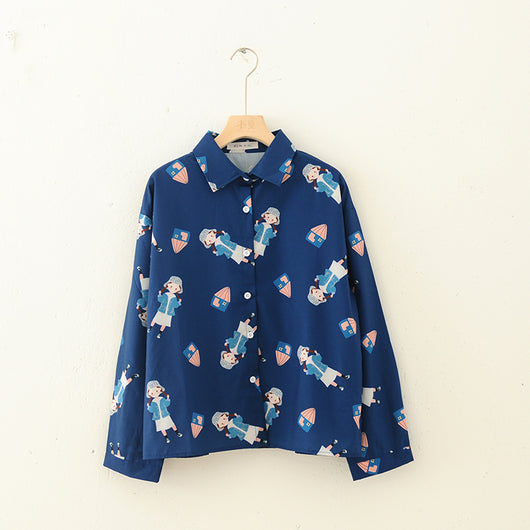Blusa Estampada Colegiala de Chifón Azul Marino - Image 6