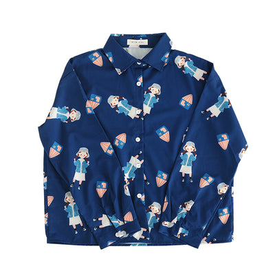 Blusa Estampada Colegiala de Chifón Azul Marino - Image 7