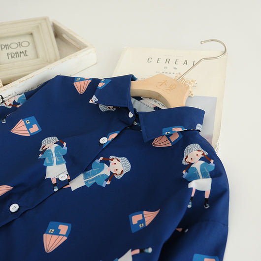 Blusa Estampada Colegiala de Chifón Azul Marino - Image 8