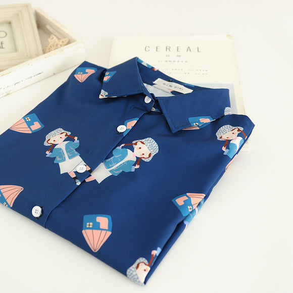 Blusa Estampada Colegiala de Chifón Azul Marino
