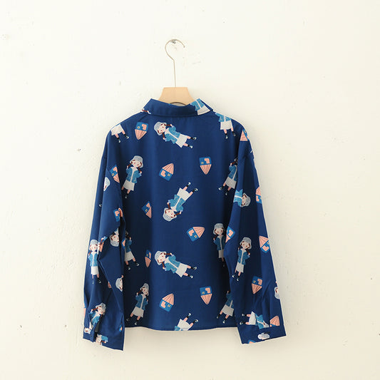 Blusa Estampada Colegiala de Chifón Azul Marino