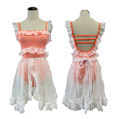 Red and white one-piece swimsuit with ruffled lace trim, sheer glittery star overlay, and strappy back. - Image 10