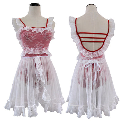 Red and white one-piece swimsuit with ruffled lace trim, sheer glittery star overlay, and strappy back. - Image 3