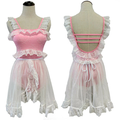 Red and white one-piece swimsuit with ruffled lace trim, sheer glittery star overlay, and strappy back. - Image 2