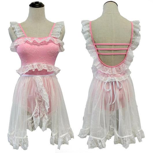 Red and white one-piece swimsuit with ruffled lace trim, sheer glittery star overlay, and strappy back. - Image 2