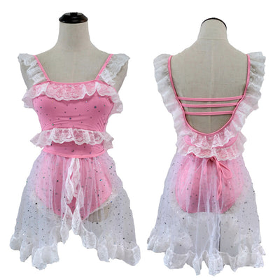 Red and white one-piece swimsuit with ruffled lace trim, sheer glittery star overlay, and strappy back. - Image 19