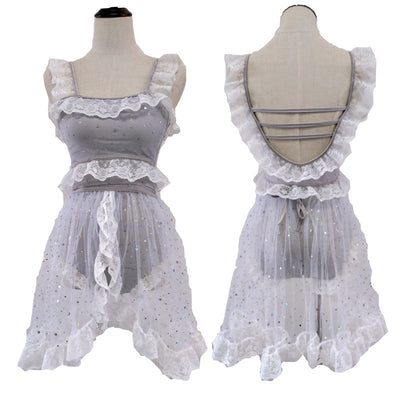 Red and white one-piece swimsuit with ruffled lace trim, sheer glittery star overlay, and strappy back. - Image 22