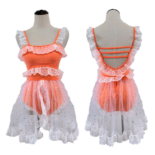Red and white one-piece swimsuit with ruffled lace trim, sheer glittery star overlay, and strappy back. - Image 29