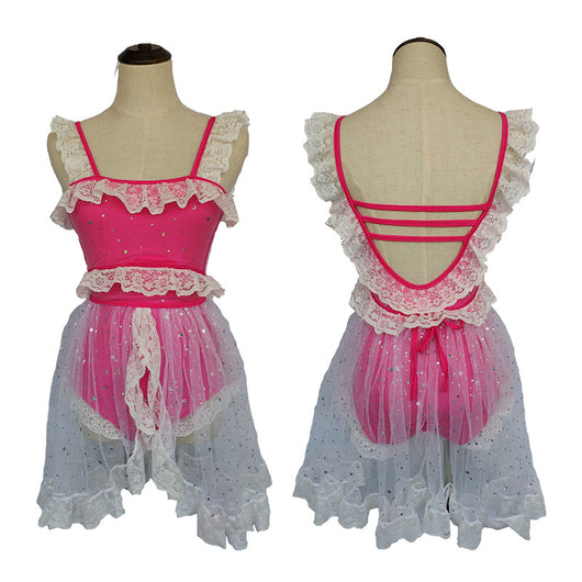 Red and white one-piece swimsuit with ruffled lace trim, sheer glittery star overlay, and strappy back. - Image 25