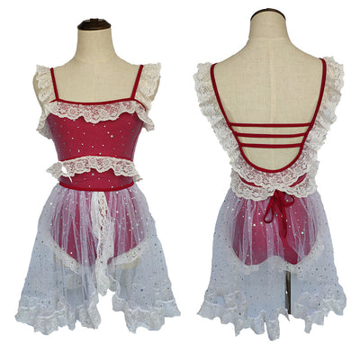 Red and white one-piece swimsuit with ruffled lace trim, sheer glittery star overlay, and strappy back. - Image 26
