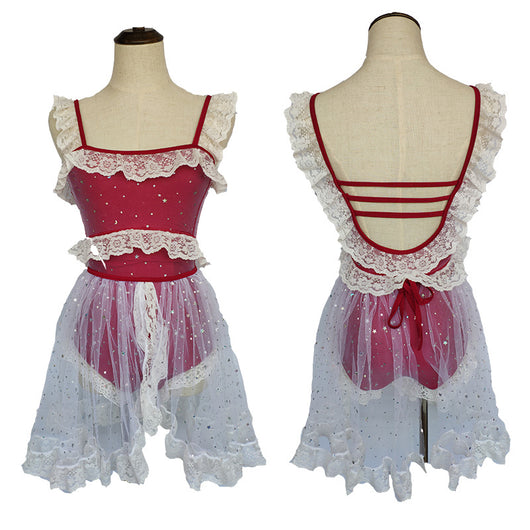 Red and white one-piece swimsuit with ruffled lace trim, sheer glittery star overlay, and strappy back. - Image 26