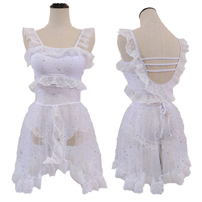 Red and white one-piece swimsuit with ruffled lace trim, sheer glittery star overlay, and strappy back. - Image 16