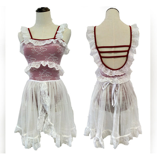 Red and white one-piece swimsuit with ruffled lace trim, sheer glittery star overlay, and strappy back. - Image 14