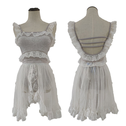 Red and white one-piece swimsuit with ruffled lace trim, sheer glittery star overlay, and strappy back. - Image 4