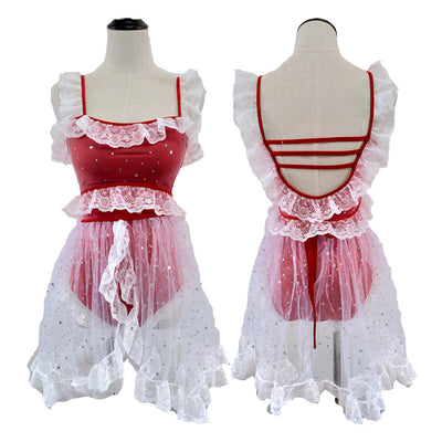 Red and white one-piece swimsuit with ruffled lace trim, sheer glittery star overlay, and strappy back. - Image 20