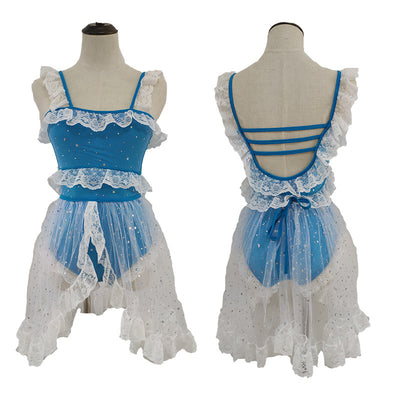 Red and white one-piece swimsuit with ruffled lace trim, sheer glittery star overlay, and strappy back. - Image 27