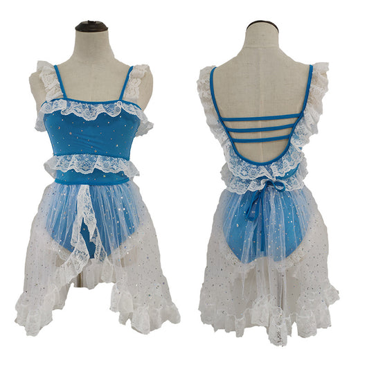 Red and white one-piece swimsuit with ruffled lace trim, sheer glittery star overlay, and strappy back. - Image 27
