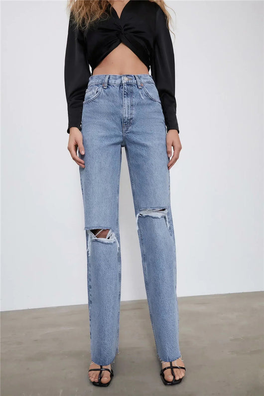 Pantalón Denim Cintura Alta Pierna Ancha con Costuras Decorativas - Image 10