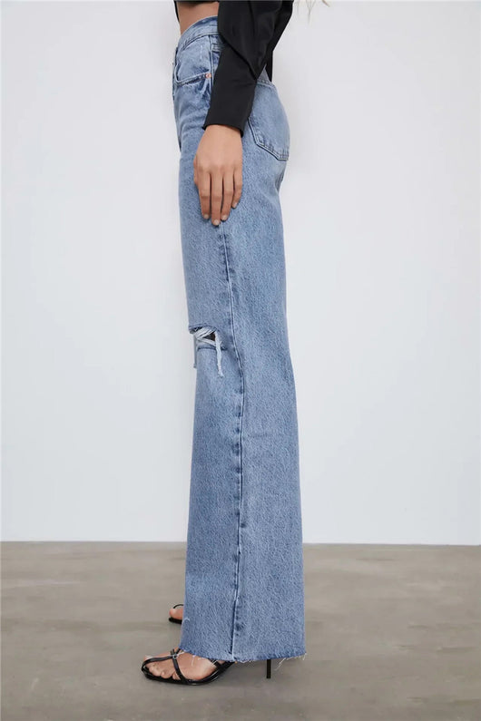 Pantalón Denim Cintura Alta Pierna Ancha con Costuras Decorativas - Image 9