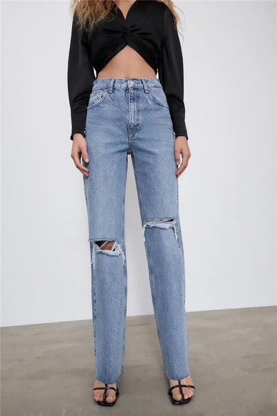 Pantalón Denim Cintura Alta Pierna Ancha con Costuras Decorativas - Image 3