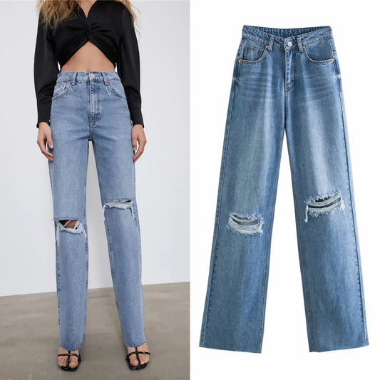 Pantalón Denim Cintura Alta Pierna Ancha con Costuras Decorativas