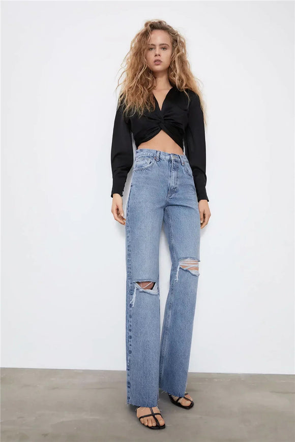 Pantalón Denim Cintura Alta Pierna Ancha con Costuras Decorativas