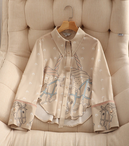 Blusa Suelta Lunares Retro con Botones Simples y Mangas Largas para Mujer