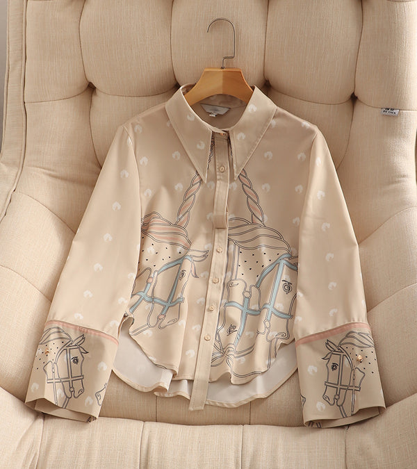Blusa Suelta Lunares Retro con Botones Simples y Mangas Largas para Mujer