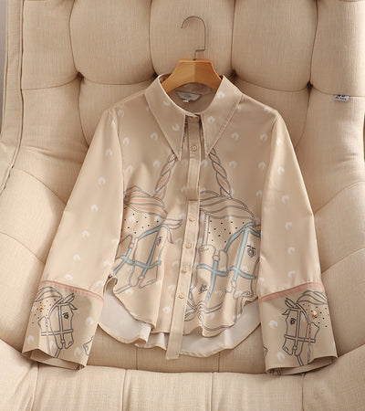 Blusa Suelta Lunares Retro con Botones Simples y Mangas Largas para Mujer