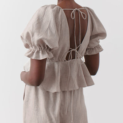Blusa Primavera Cuello V Algodón y Lino con Efecto Burbuja - Image 9
