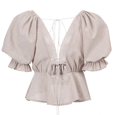 Blusa Primavera Cuello V Algodón y Lino con Efecto Burbuja - Image 10
