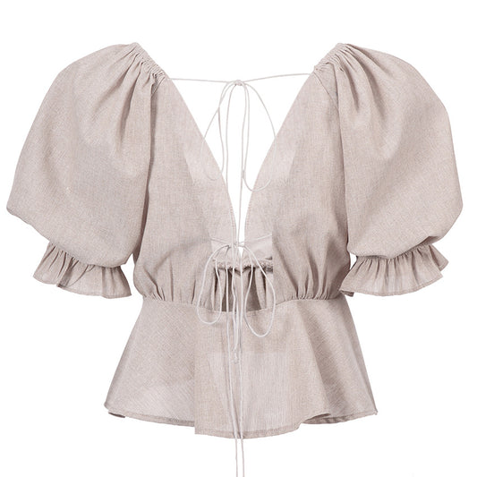 Blusa Primavera Cuello V Algodón y Lino con Efecto Burbuja - Image 2