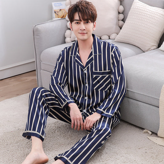 Pijama de Pareja Estilo Coreano en Seda Artificial a Rayas