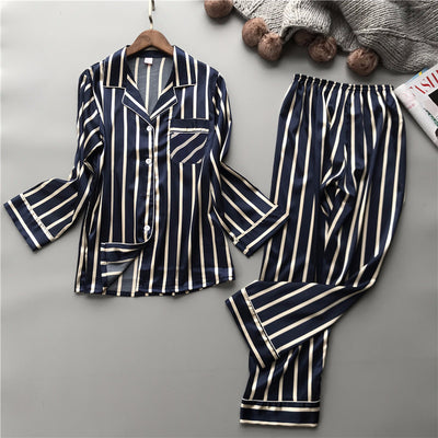 Pijama de Pareja Estilo Coreano en Seda Artificial a Rayas - Image 3