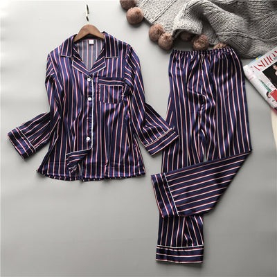 Pijama de Pareja Estilo Coreano en Seda Artificial a Rayas - Image 6