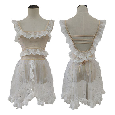 Red and white one-piece swimsuit with ruffled lace trim, sheer glittery star overlay, and strappy back. - Image 23
