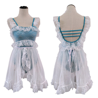 Red and white one-piece swimsuit with ruffled lace trim, sheer glittery star overlay, and strappy back. - Image 31