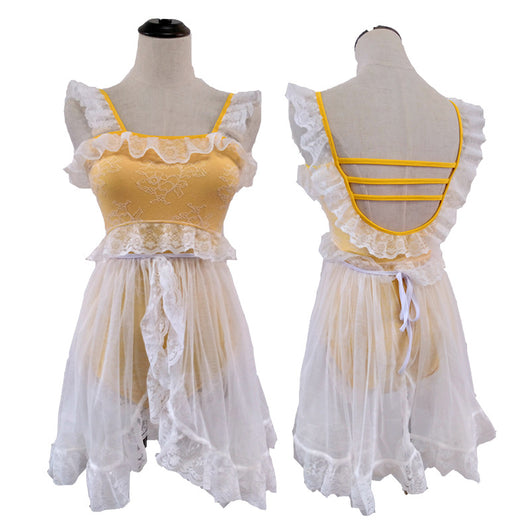 Red and white one-piece swimsuit with ruffled lace trim, sheer glittery star overlay, and strappy back. - Image 34
