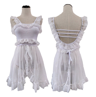 Red and white one-piece swimsuit with ruffled lace trim, sheer glittery star overlay, and strappy back. - Image 32